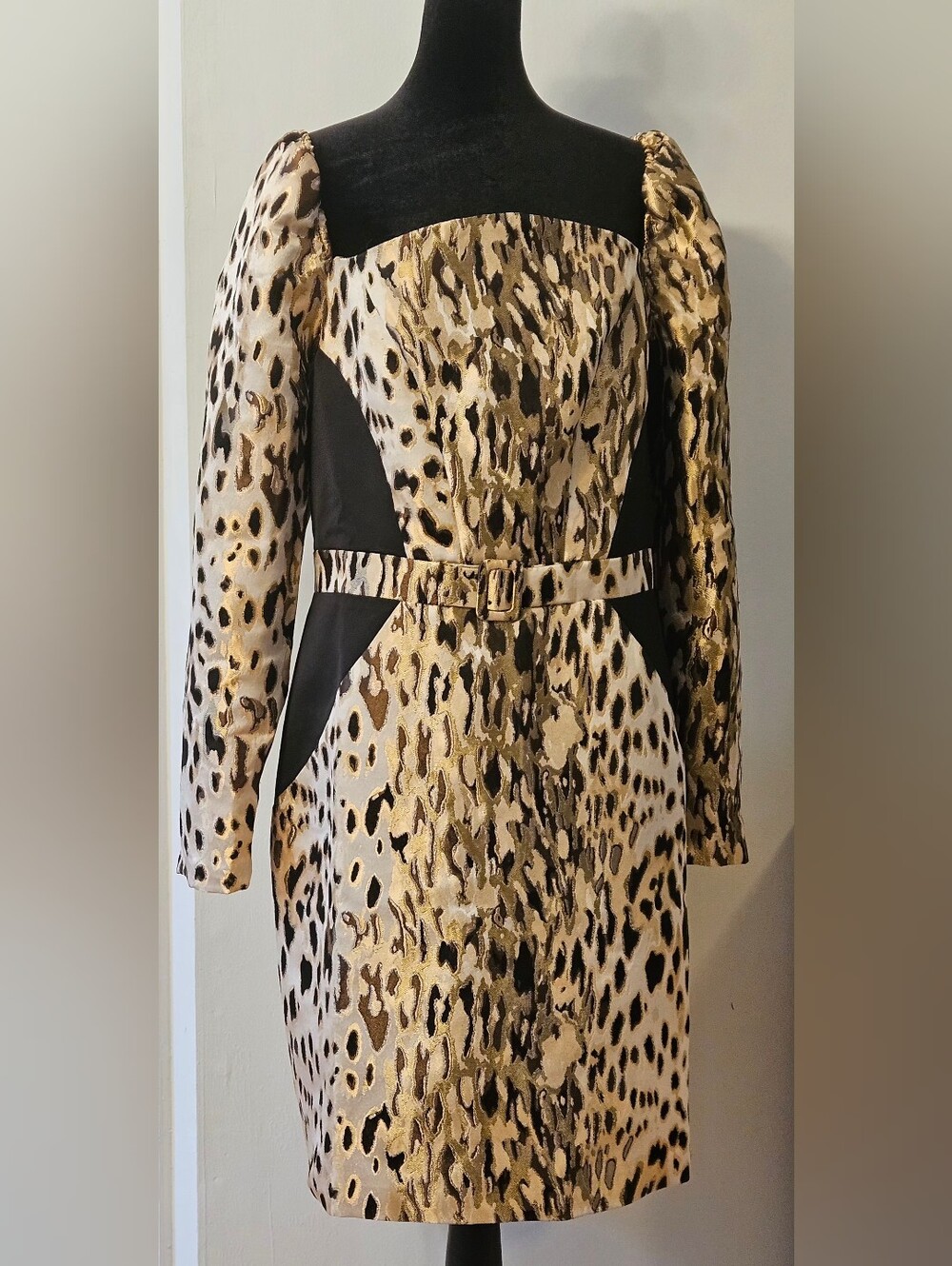 ASOS Leopard-Print Long Sleeve Belted Sheath Dress in Gold and Black